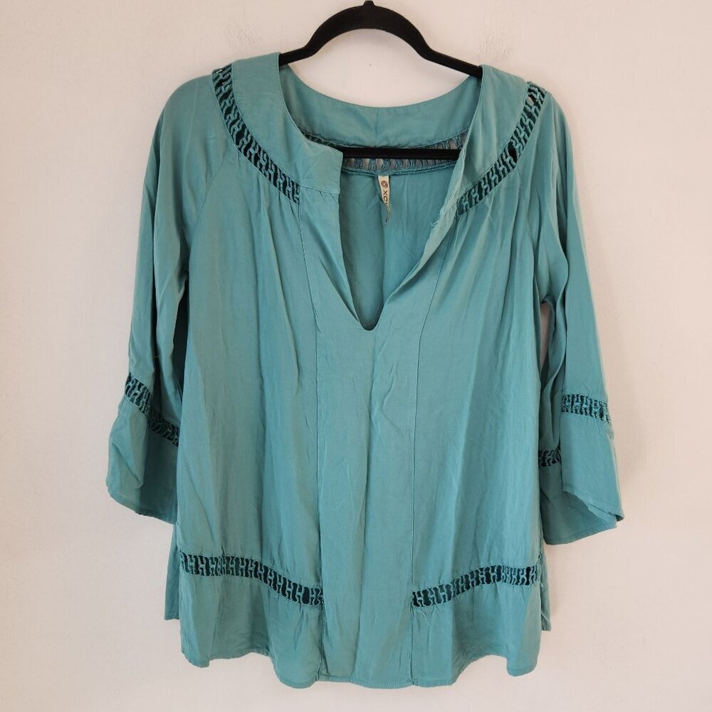 XCVI Teal Blouse Shirt Top Ladder Stitching Boho Bell Sleeves Women's S
